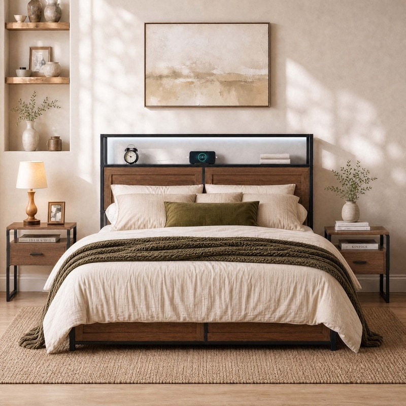 Spruce & Spring Modern Industrial Bedroom Set with Platform Bed, Nightstand, LED Headboard & Storage
