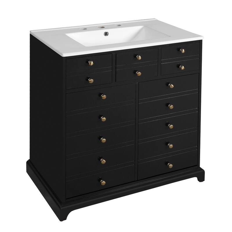 30'' Solid Wood Bathroom Vanity with Ceramic Sink Combo, Freestanding Vanity Set with 2 Drawers& Soft Closing Doors, Black