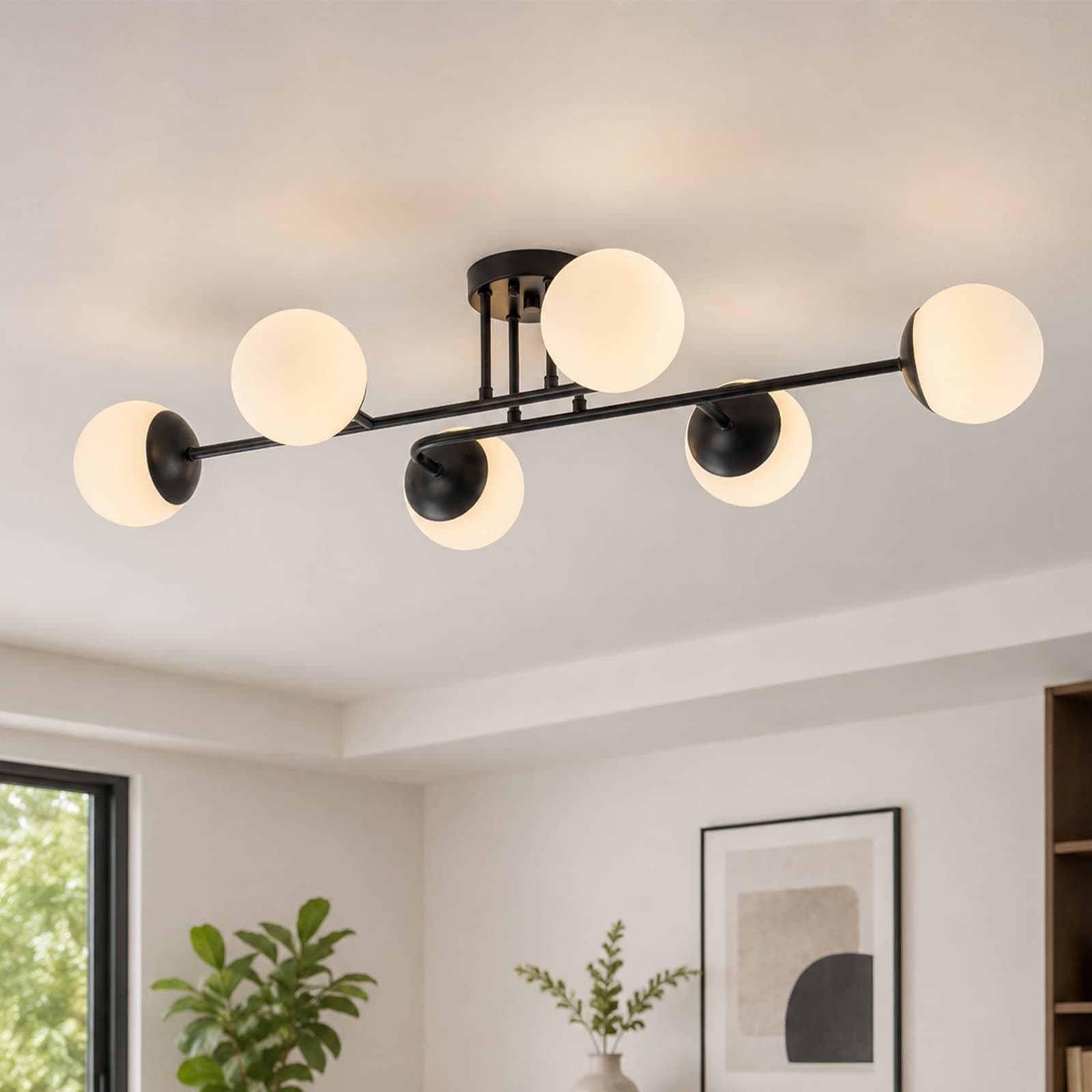 36.6 in. 6-Light Modern Black Linear Semi-Flush Mount Ceiling Light with Frosted Glass Globes