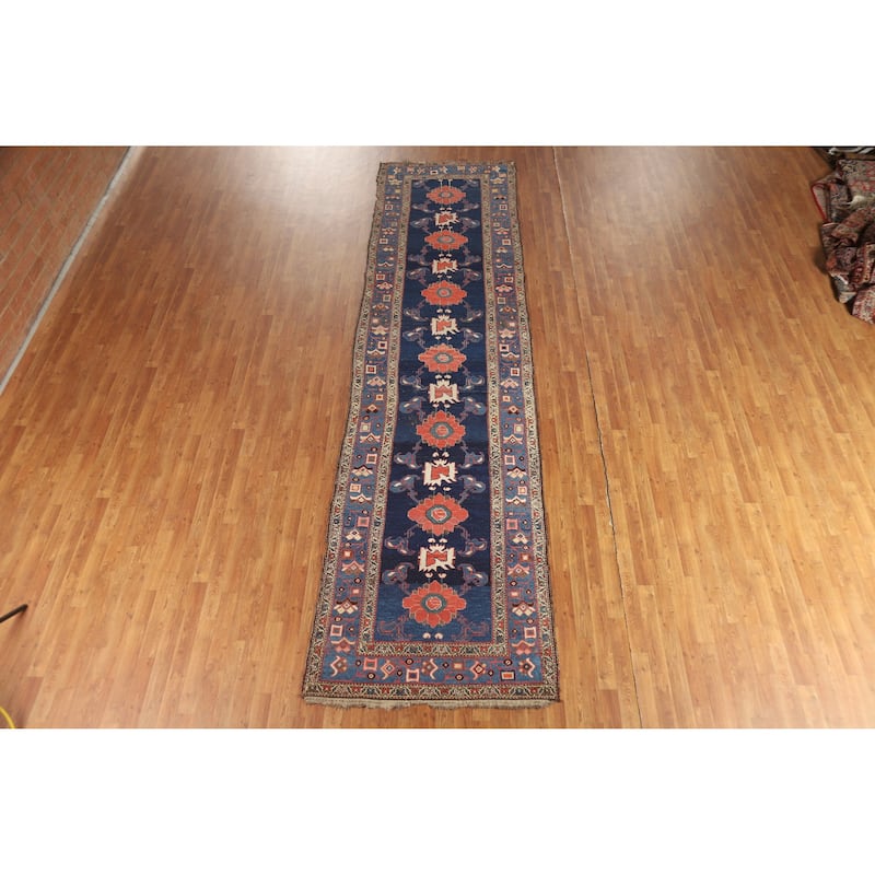 Hand Knotted Oriental 100% Wool Carpet Traditional Floral Navy Blue & Blues Heriz Runner Rug - 14' 9'' X 3' 9''