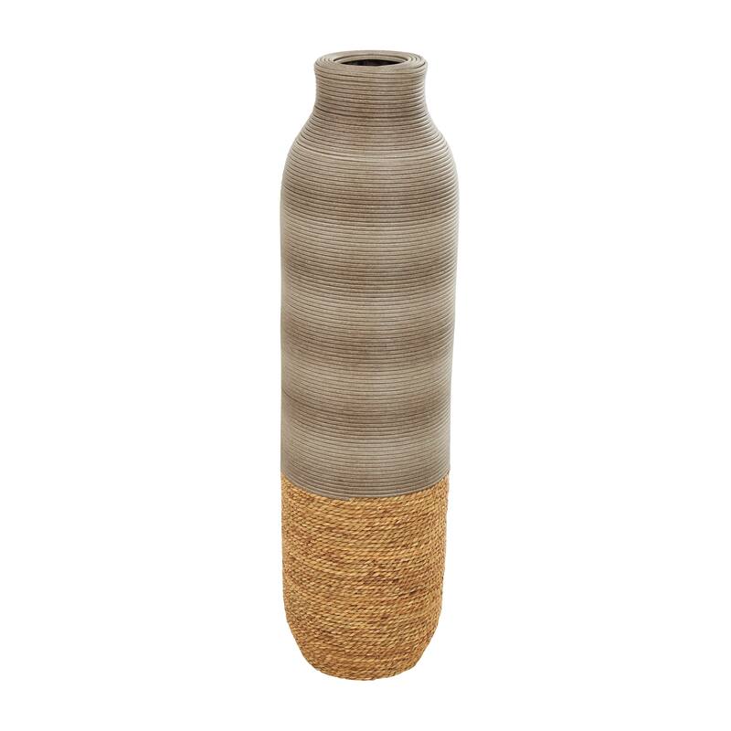 Brown Seagrass Handmade Ribbed Decorative Vase with Coiled Seagrass Base