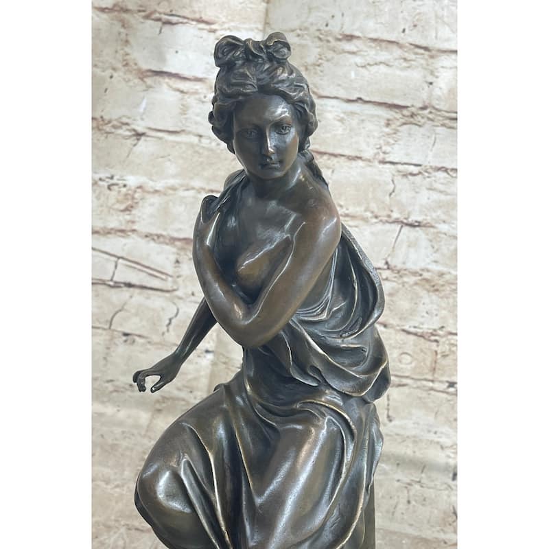 Graceful Bronze Sculpture Of A Seated Woman - Art Nouveau Style On Marble Base