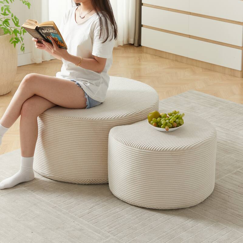 Nesting Tables Set of 2, Corduroy Upholstered Round Coffee Table and Crescent Moon Side Table Set of 2, End Tables Ottomans