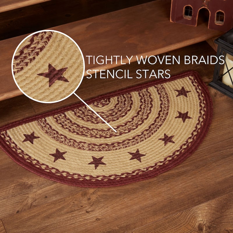 Burgundy Tan Jute Rug Half Circle Stencil Stars w/ Pad 16.5x33 - 16.5" x 33" Half Circle