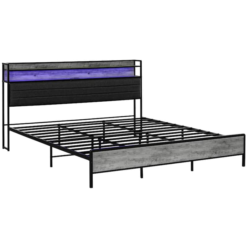 King Size LED Platform Bed Frame with Storage, Charging Station, and RGB Lighting, No Box Spring Needed - Gray