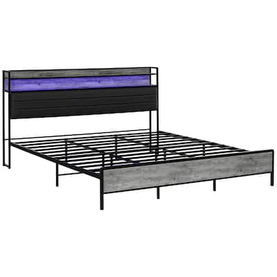 King Size Platform Bed Frame with RGB Lights And Charging Station - LED Headboard, Under-Bed Storage
