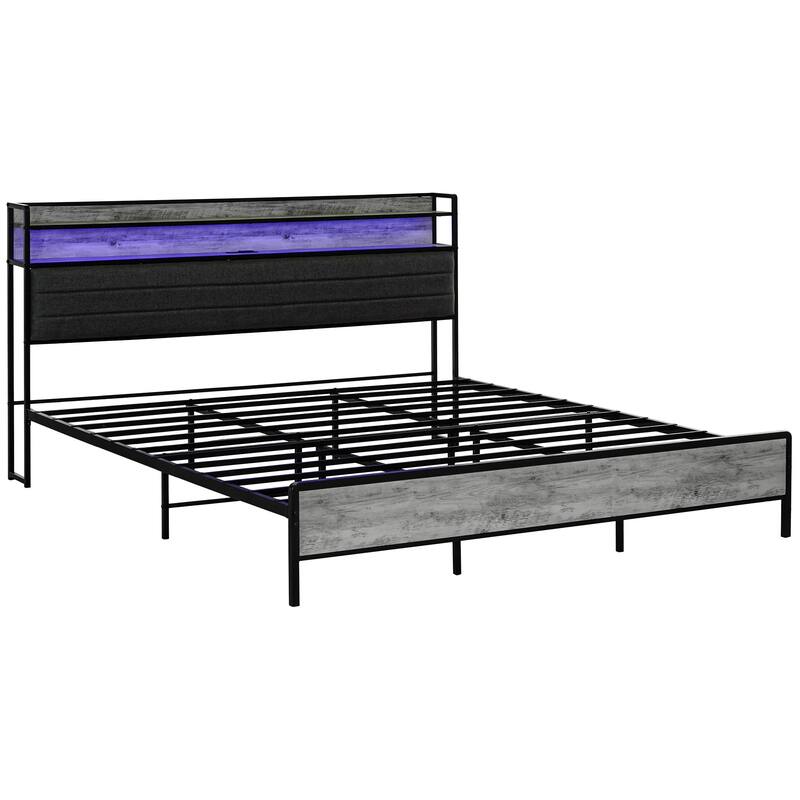 Upholstered Bed Frame with Storage Headboard,Charging Station