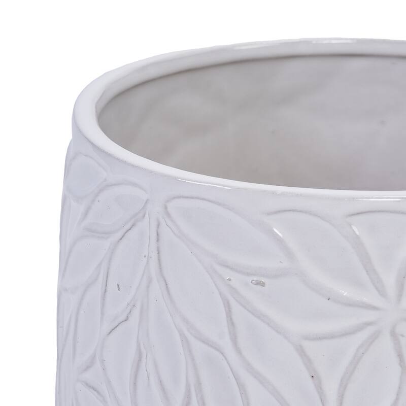 Set of 2 Handmade Modern Embossed Leaf Ceramic Planters with Saucers