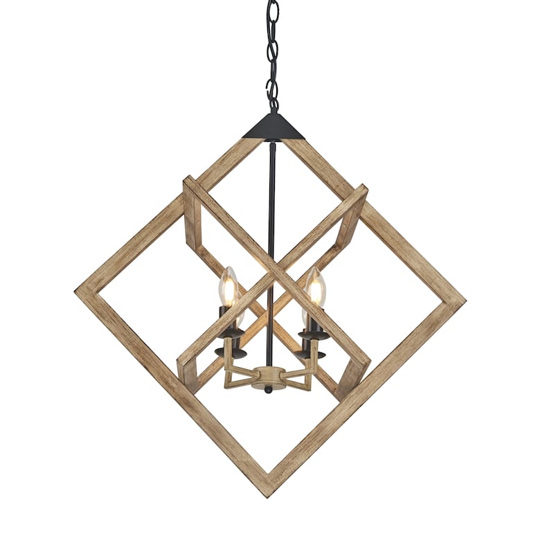 4 Light Caged Candle-Style Chandelier in Wood Painted Finish - 28.75"H x 27.6"W x 17.2"D