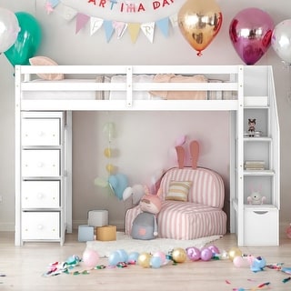 Modern Twin Size Loft Bed With 4 Storage Drawers,Shelves and Stairs,Solid Construction