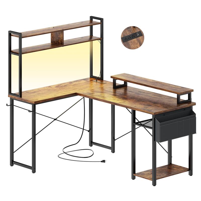 Farmhouse L-shaped Desk with Power Outlet, Gaming Table with Hutch and LED Light