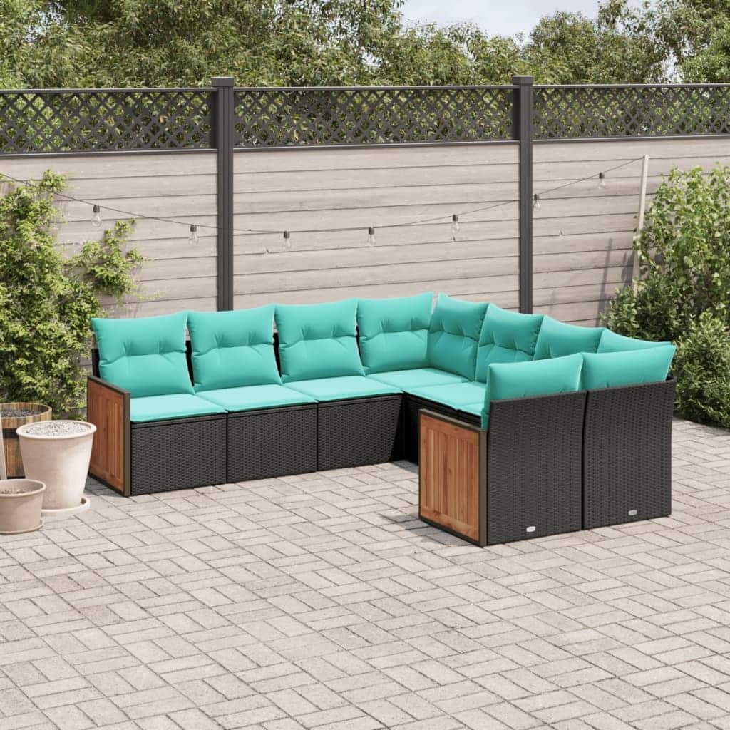 vidaXL 8 Piece Patio Sofa Set with Cushions Black Poly Rattan - 24.4x27.2x24.4