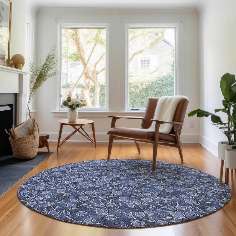 Premium Washable Super Soft Floral Contemporary Mayfield Rug - Navy - 8' x 8' - Round