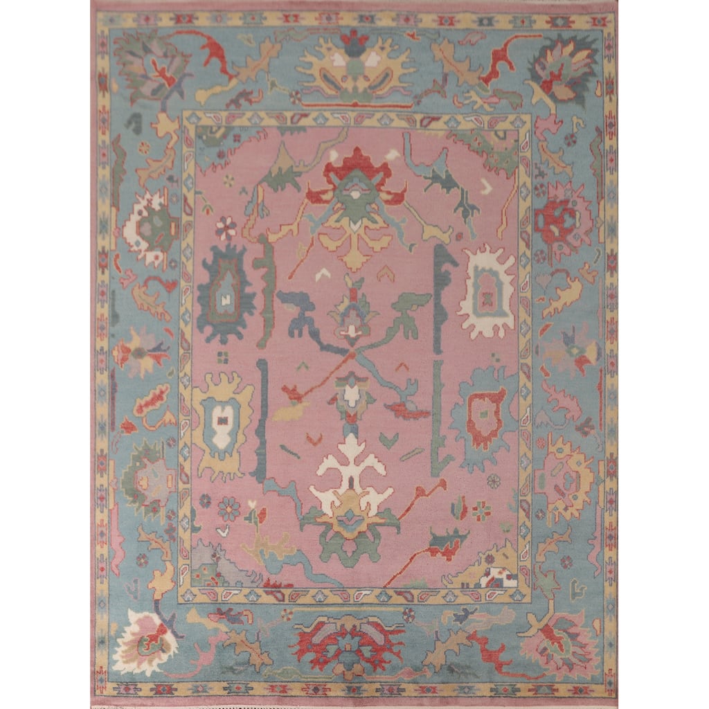Transitional Pink Oushak Area Rug Hand-Knotted Wool Carpet - 8'2"x 9'10"