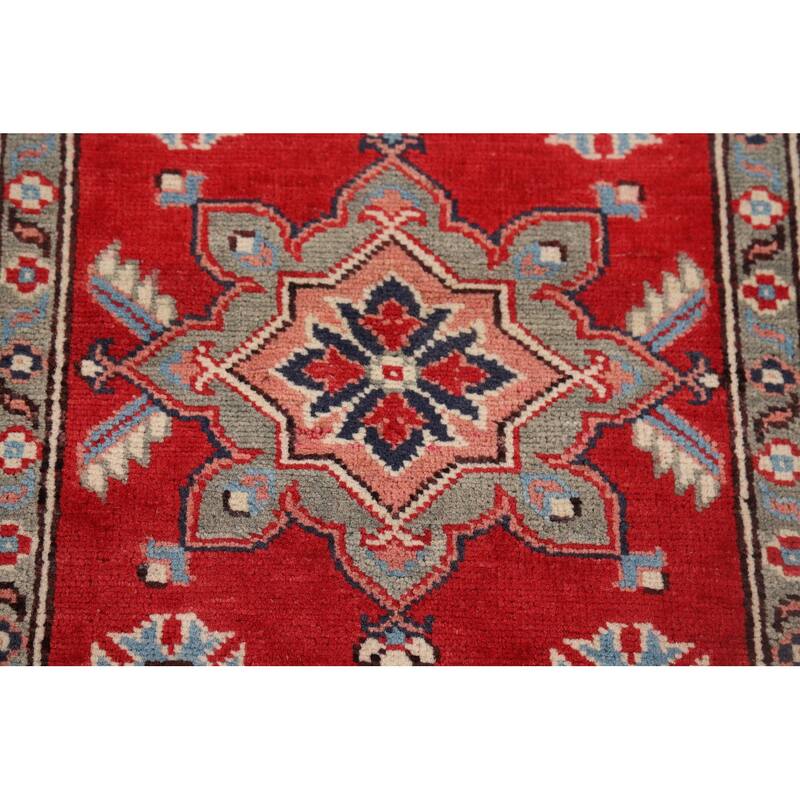Geometric Kazak Oriental Runner Rug Hand-Knotted Red Wool Carpet - 2'8" x 9'7"