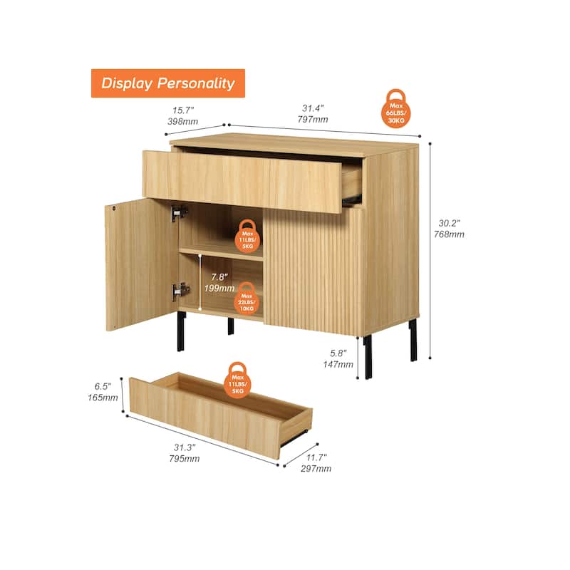 31.5" Modern Reeded TV Stand With Doors, Entertainment Center With Shelf, Wooden TV Console