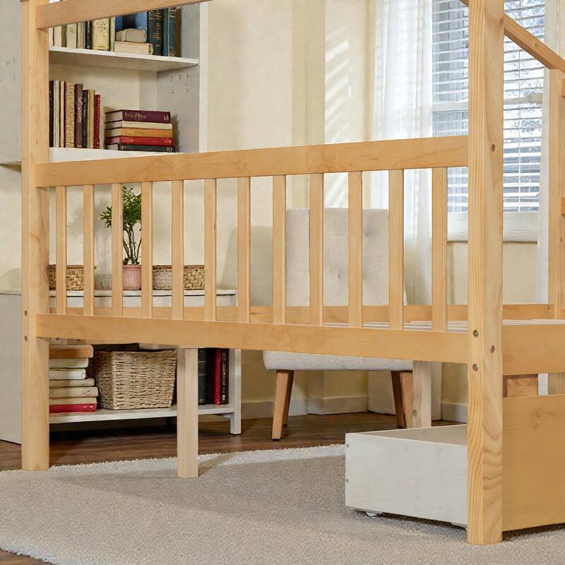 Twin/Full Size Wooden House Bed with Roof and 2 Drawers, Kids Platform Bed with Storage, Solid Pine Frame