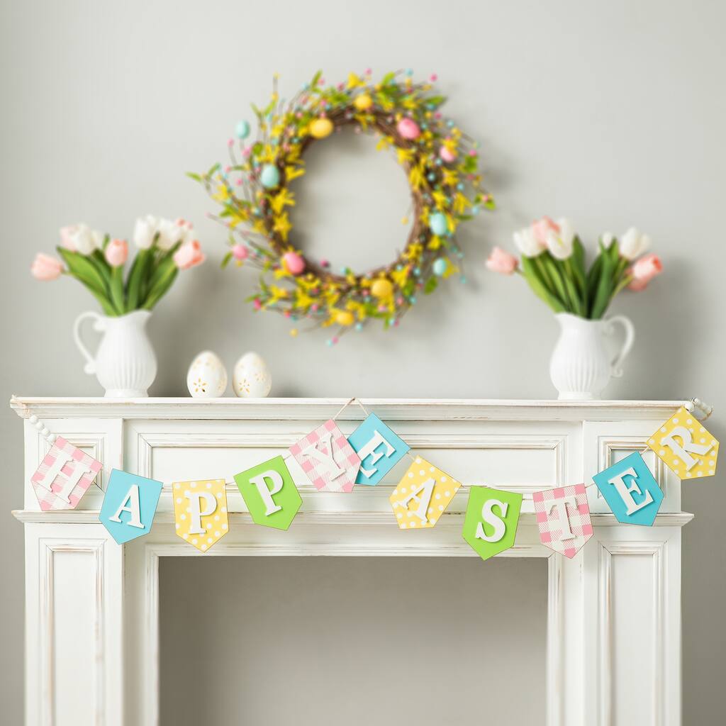 Glitzhome 78"L Wooden "Happy Easter" Garland Hanging Decor