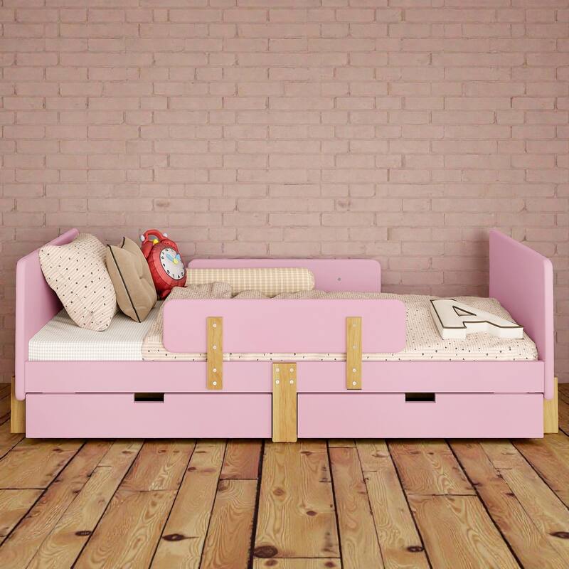 Twin/Full Wood Platform Bed with Storage Drawers, Guardrail, Shelf & Hooks, Solid Wood Frame, No Box Spring Needed