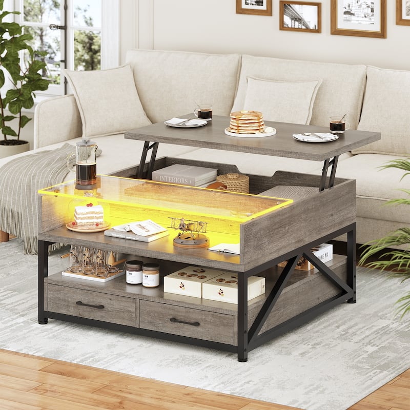 Coffee Table Lift Top 2 Drawers Hidden Compartment for Living Room