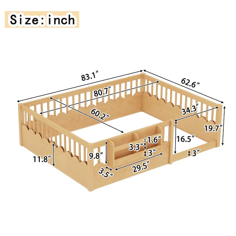 Montessori Floor Bed Kids Bed Frame with Heightened Fence and Bookshelf, Wavy Decoration Wood Platform Bed, No Slats Design