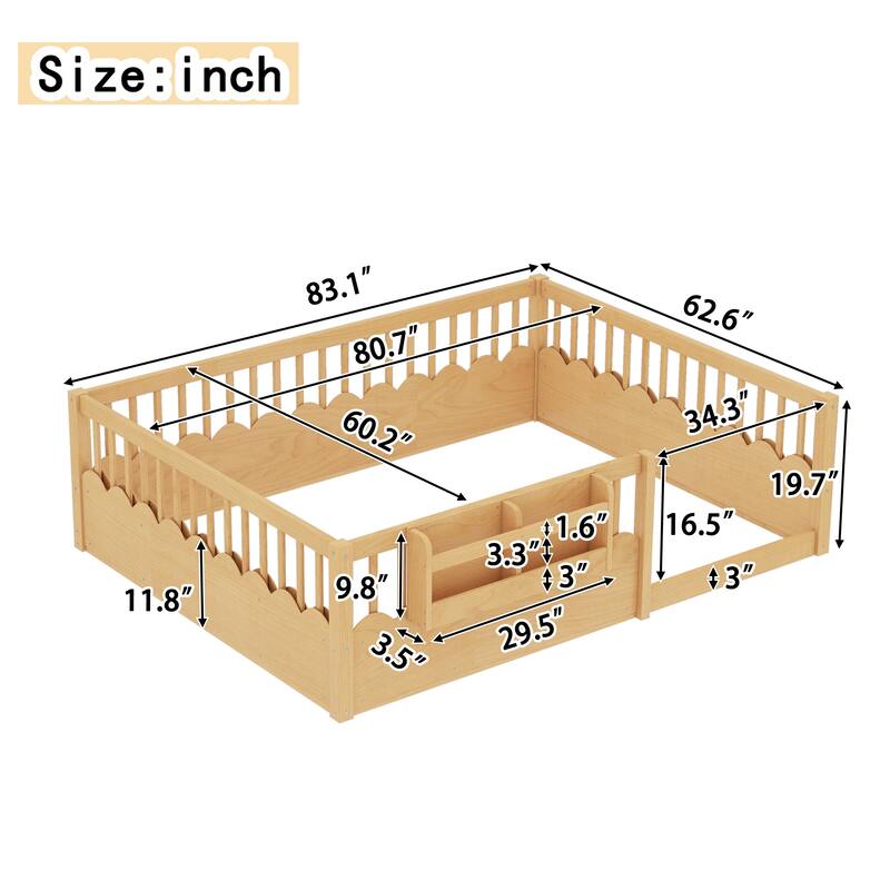 Queen/Full/Twin Floor Bed with Fence and Bookshelf, Wood Kids Floor Bed