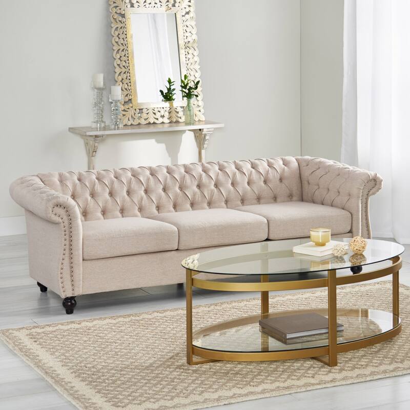Beige Chesterfield 84.75" Button Tufted Upholstered 3-seater Sofa with Nailheads and Wood Legs - Beige