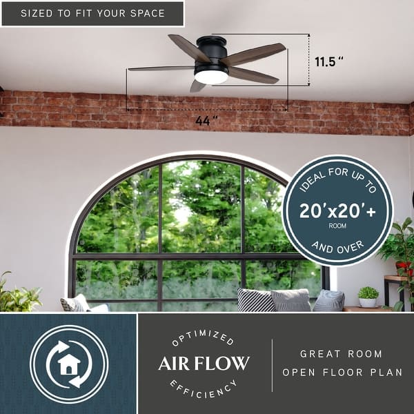 dimension image slide 1 of 2, Armon 44 in. Low Profile Flush Mount Ceiling Fan with Reversible Blades, Dimmable LED Light Kit and Remote, Frosted Glass Shade