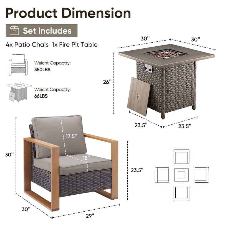 Pocassy 5-Piece Outdoor Patio Chair with Fire Pit Table Set