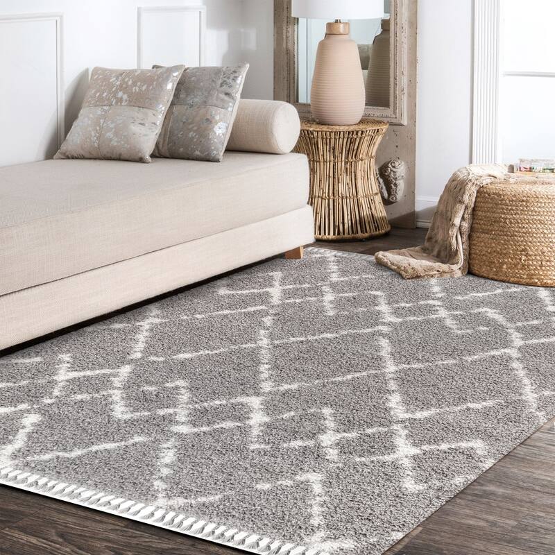 JONATHAN Y Modern Shag Plush Tassel Moroccan Tribal Geometric Trellis Area Rug