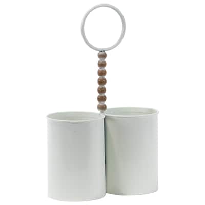 Foreside Home & Garden White Metal 2 Bottle Wine Caddy with Wood Bead Handle - 7.75 x 4 x 12.5
