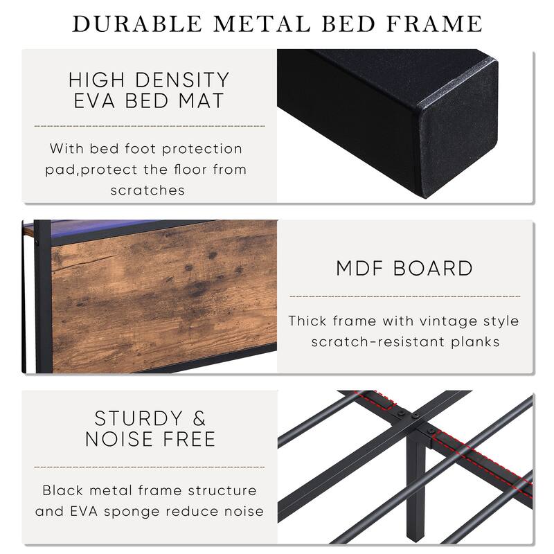 Metal Bed Frame with RGB LED Headboard, USB Charging Ports, Storage Drawers, and No-Noise Design, Full/Queen Size