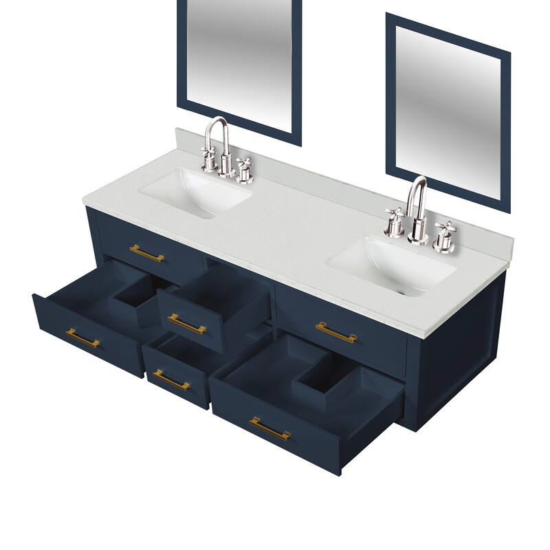 Castor 60 in W x 22 in D Black Double Bath Vanity, White Quartz Top, Faucet Set, and 28 in Mirrors
