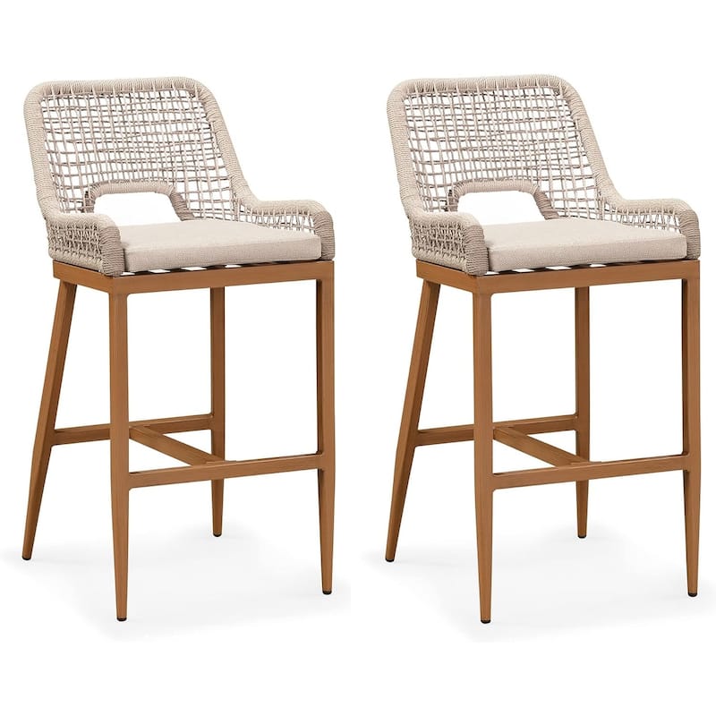 PURPLE LEAF 2 Set of Modern Bar Stool with Backrest and Arm,Upholstered Chair and Aluminum Legs - Plaid - Bar Height