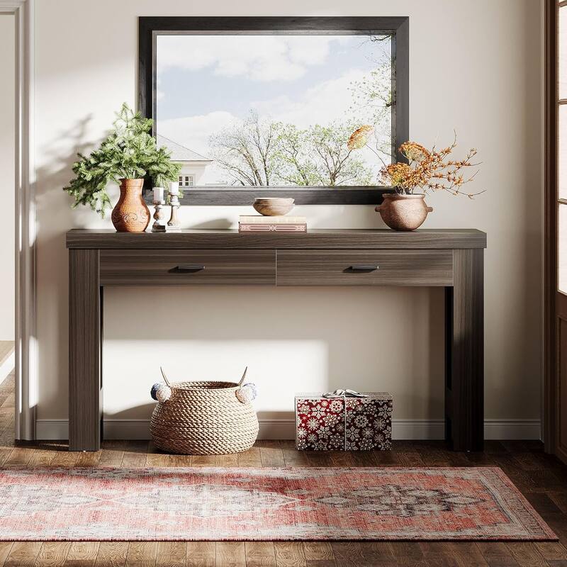 63 Inches Console Table with 2 Drawers, Wood Entryway Table with H-Shaped Legs