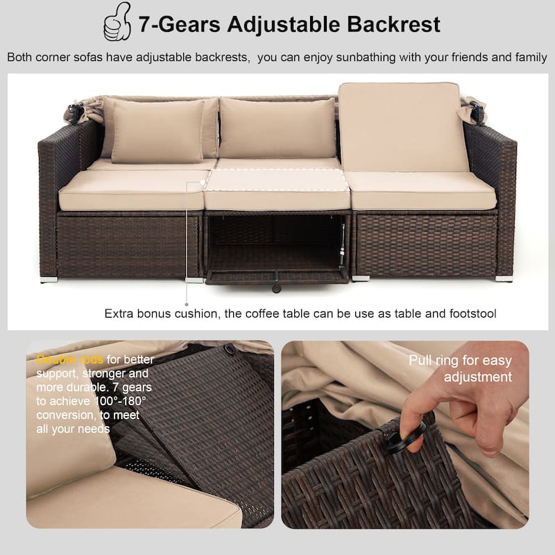 EROMMY 6-Piece Patio Furniture Set, Rattan Daybed with Canopy and Adjustable Backrest