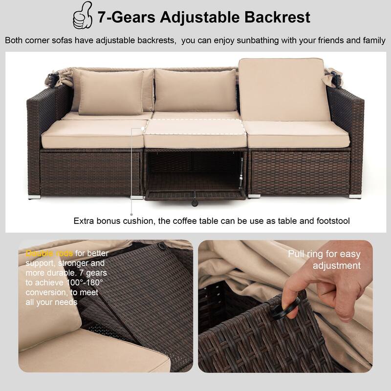 Erommy 6-Piece Patio Set - Rattan Daybed with Canopy & Adjustable Backrest