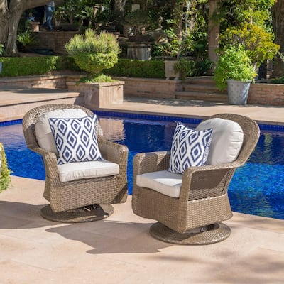 Brown Rattan Swivel Club Chair Set of 2 Outdoor with Water Resistant Cushions