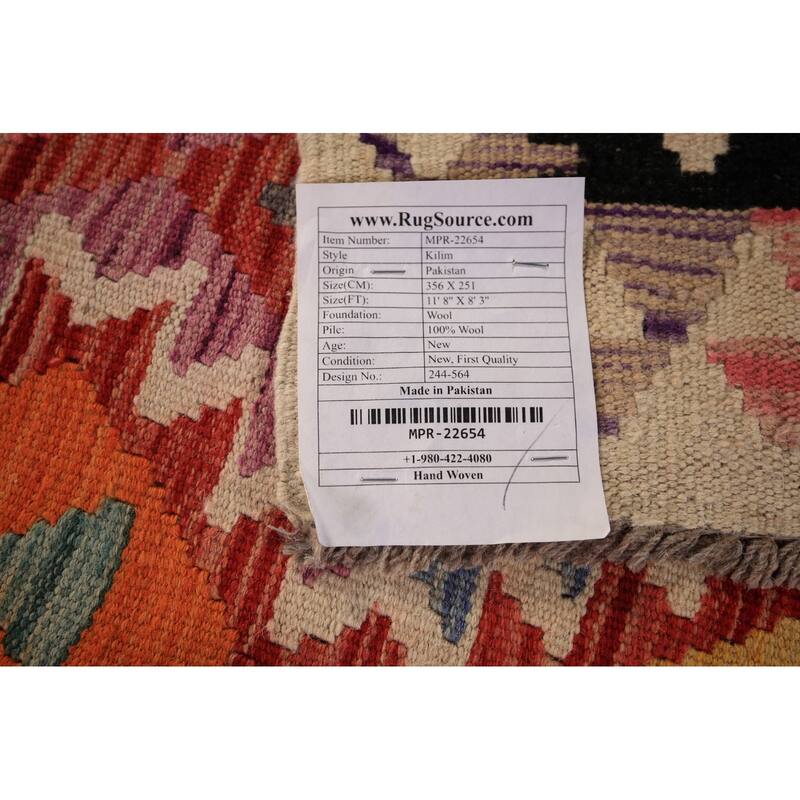 Orange Geometric Kilim Oriental Area Rug Flatweave Wool Carpet - 8'3" x 11'8"