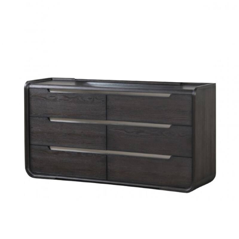 Osko 6 Drawer Wide Dresser, Black Solid Wood with Stainless Steel Trim