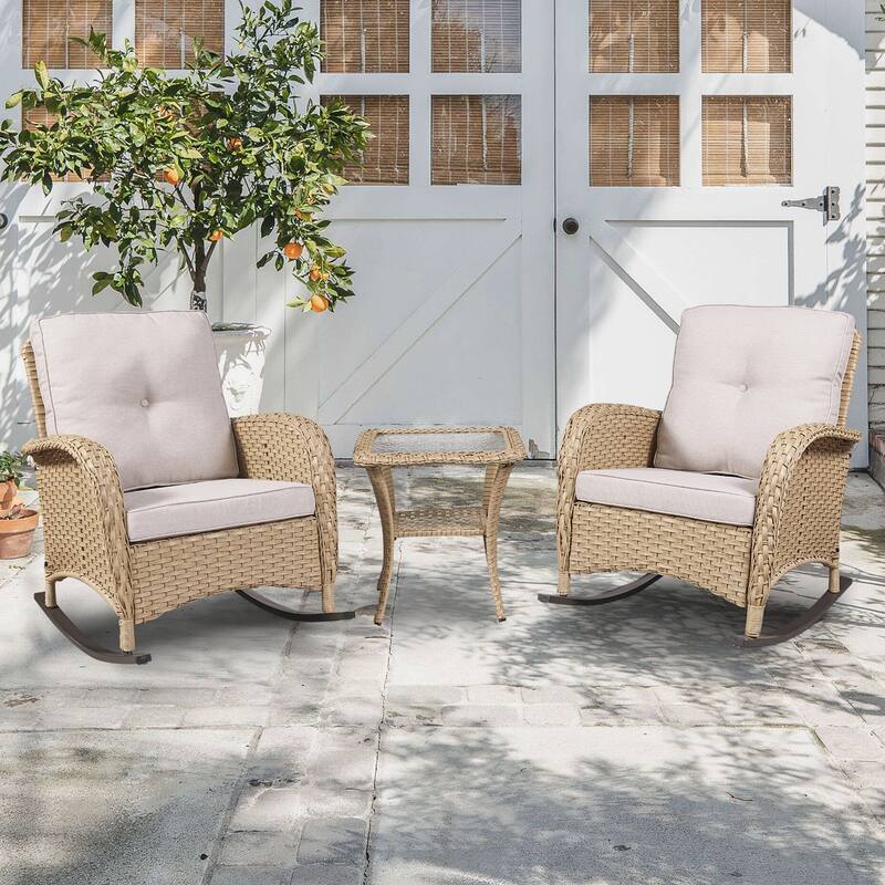 Gymojoy Outdoor Rocking Chairs Table with Cushions Set of 2 - Yellow/Beige
