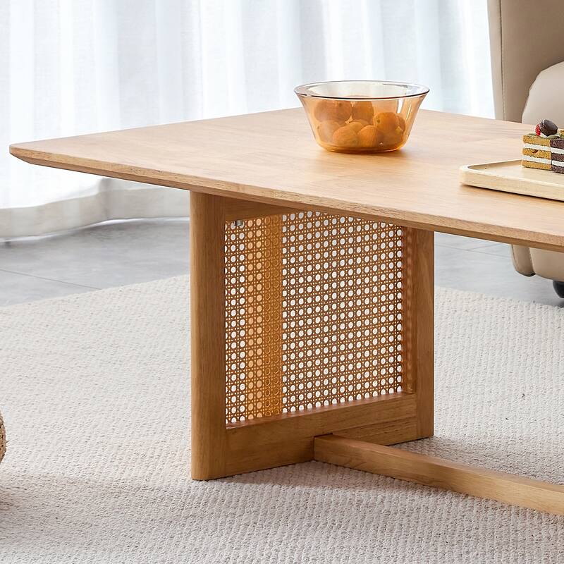Chinese Log Style Imitation Rattan Walnut Color Coffee Table Rectangular Solid Wood Coffee Low Table, for Living Room Office