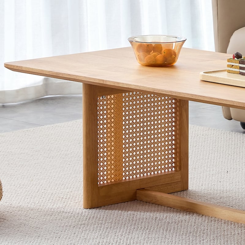 Chinese-Style Log Wind Rectangular Tea Table – Solid Wood Coffee Table with Woven Rattan Design for Compact Living Rooms