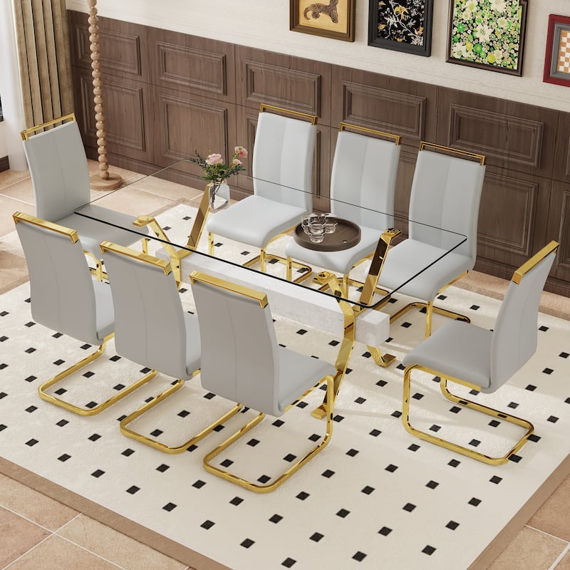 9-Piece Glass Dining Table Set for 8, 71" Rectangular Table with Gold Metal Base, 8 PU Dining Chairs for Kitchen, Dining Room