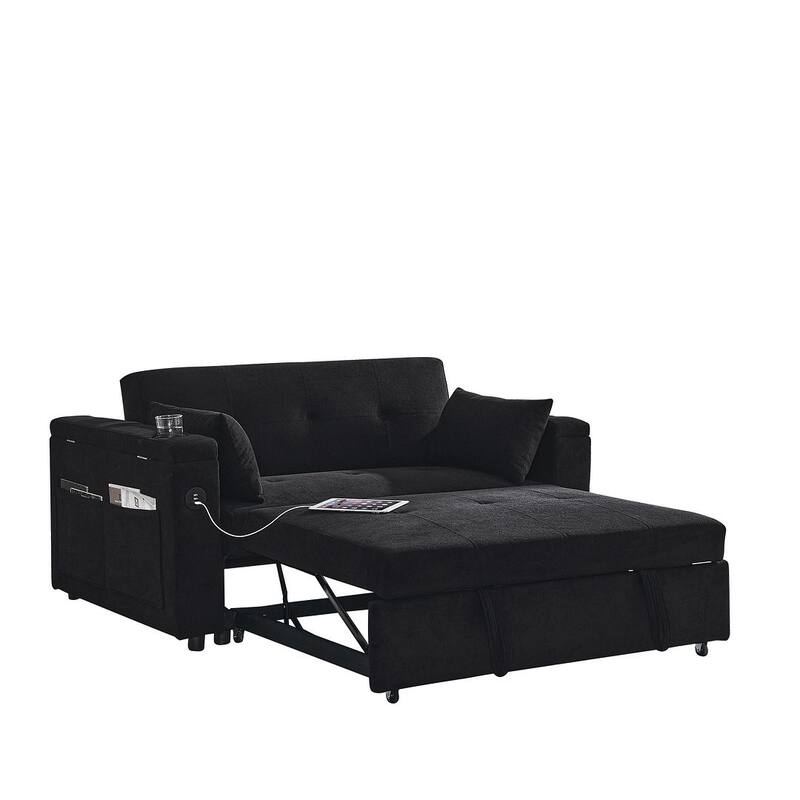 54" Multi-functional Chenille Sofa Bed with Cup Holder and USB Port for Living Room