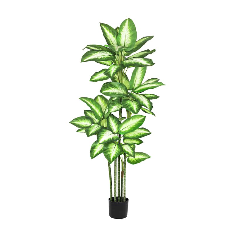4ft Real Touch Green White Artificial Dieffenbachia Tree in Black Pot - 48" H x 22" W x 22" DP