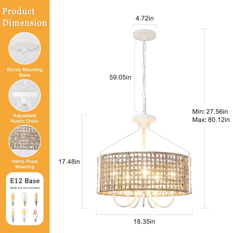 18.35inch 5 Lights Adjustable Height Bohemian Chandelier with Hand Woven Rattan Shade Suitable for Multiple Rooms