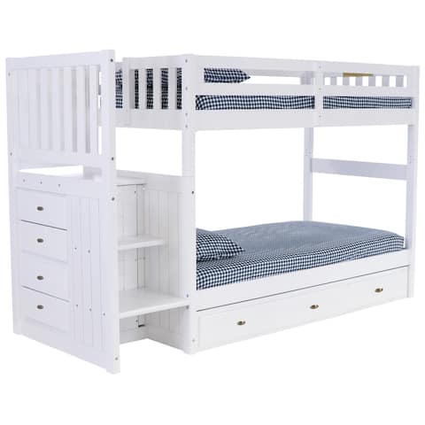 OS Home and Office Furniture Solid Pine Mission Staircase Twin over Twin Bunk Bed with Seven Drawers in Casual White