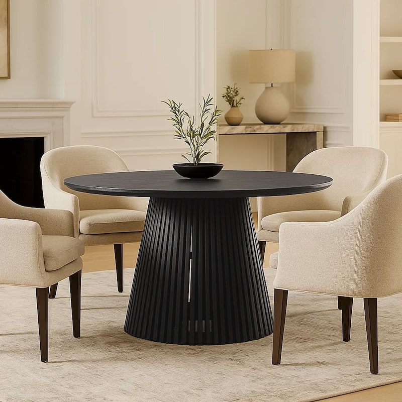 Ridge 47 Inch Handcrafted Mango Wood Round Dining Table, Slatted Flared Base, Black
