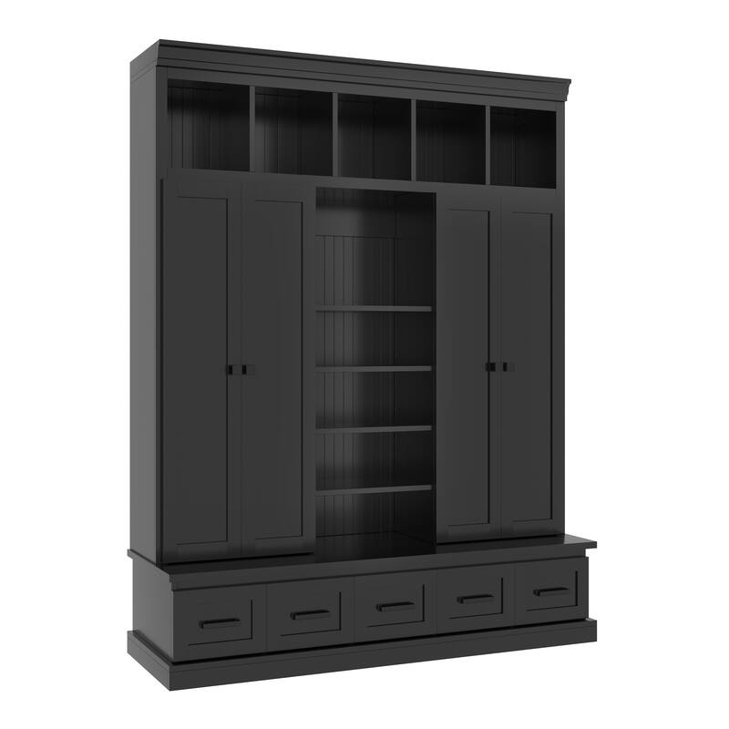 Large Wood Hall Tree with Bench, Modern 4 Door Entrance Storage Cabinet w/ 5 Drawers, Adjustable Shelves for Living Room